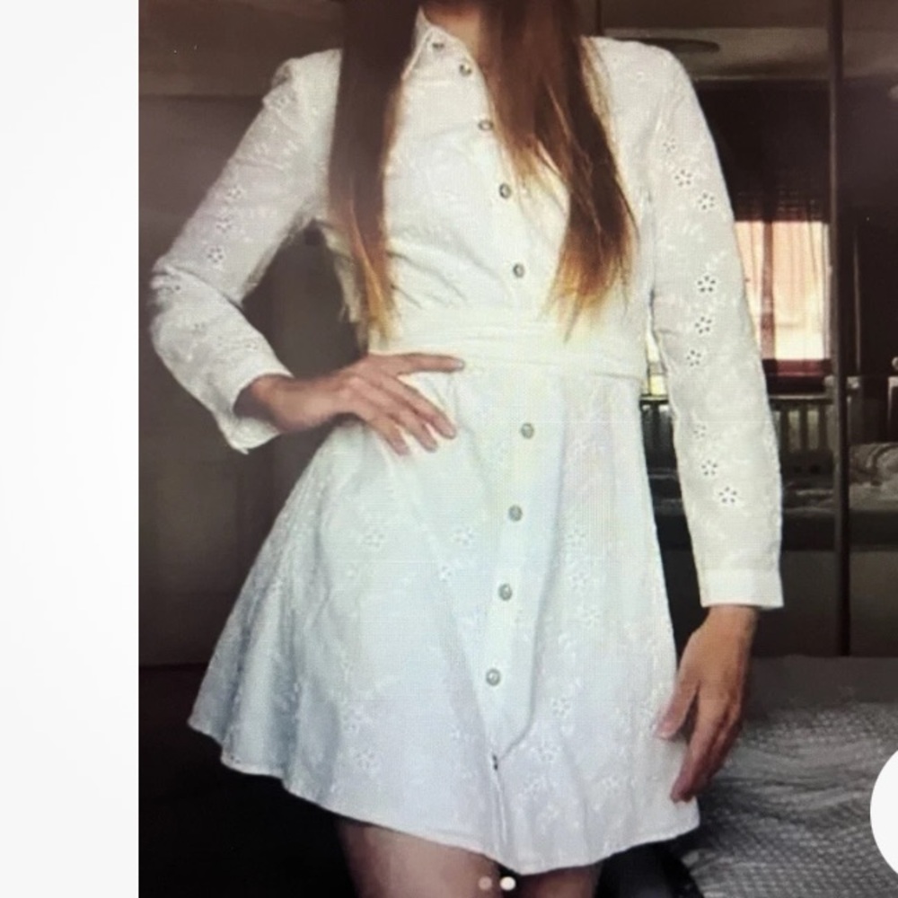 Zara Womens White Long Sleeve Button Up Eyelet Mini Dress - Size S - Picture 2 of 7